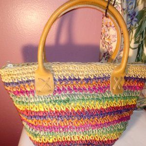 AZOK MULTI-COLOR RAINBOW WOVEN BUCKET HANDBAG OF BEAUTY
